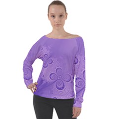 Purple Intricate Swirls Pattern Off Shoulder Long Sleeve Velour Top by SpinnyChairDesigns