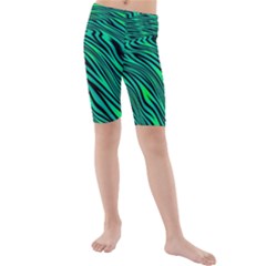 Black And Green Abstract Stripes Pattern Kids  Mid Length Swim Shorts by SpinnyChairDesigns