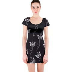 Black And White Butterfly Pattern Short Sleeve Bodycon Dress by SpinnyChairDesigns