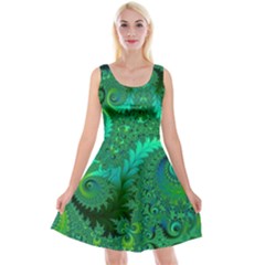 Green Floral Fern Swirls And Spirals Reversible Velvet Sleeveless Dress by SpinnyChairDesigns