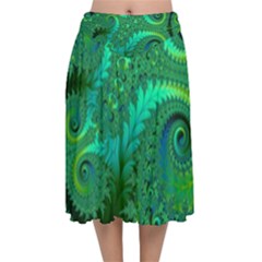 Green Floral Fern Swirls And Spirals Velvet Flared Midi Skirt by SpinnyChairDesigns