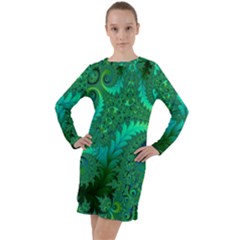 Green Floral Fern Swirls And Spirals Long Sleeve Hoodie Dress by SpinnyChairDesigns