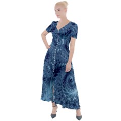 Blue Floral Fern Swirls And Spirals  Button Up Short Sleeve Maxi Dress by SpinnyChairDesigns