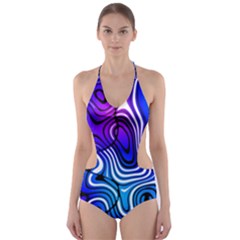 Blue Purple Abstract Stripes Cut-out One Piece Swimsuit by SpinnyChairDesigns