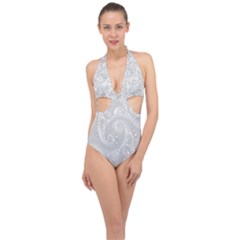 White Abstract Paisley Pattern Halter Front Plunge Swimsuit by SpinnyChairDesigns