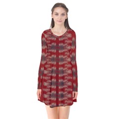 Red Grey Ikat Pattern Long Sleeve V-neck Flare Dress by SpinnyChairDesigns