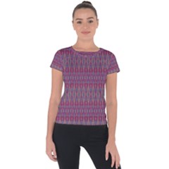 Red Blue Ikat Pattern Short Sleeve Sports Top  by SpinnyChairDesigns