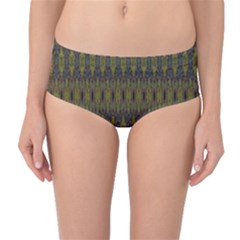 Olive Green And Blue Ikat Pattern Mid-waist Bikini Bottoms by SpinnyChairDesigns