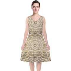 Ecru And Brown Intricate Pattern V-neck Midi Sleeveless Dress  by SpinnyChairDesigns