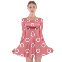 Coral Pink And White Circles Polka Dots Long Sleeve Skater Dress by SpinnyChairDesigns