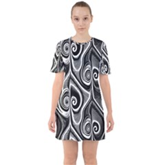 Abstract Black And White Swirls Spirals Sixties Short Sleeve Mini Dress by SpinnyChairDesigns