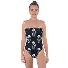 Black And White Skulls Tie Back One Piece Swimsuit by SpinnyChairDesigns