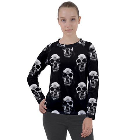 Black And White Skulls Women s Long Sleeve Raglan Tee by SpinnyChairDesigns