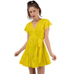 Bright Yellow Gold Paisley Pattern Flutter Sleeve Wrap Dress by SpinnyChairDesigns