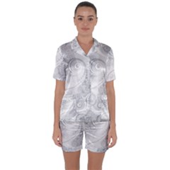 White Silver Swirls Pattern Satin Short Sleeve Pyjamas Set by SpinnyChairDesigns
