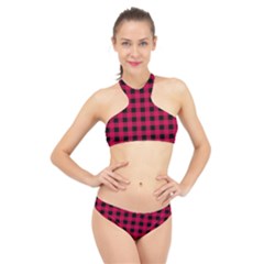 Dark Pink Black Buffalo Plaid High Neck Bikini Set by SpinnyChairDesigns