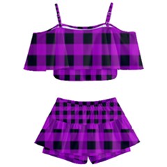 Purple Black Buffalo Plaid Kids  Off Shoulder Skirt Bikini by SpinnyChairDesigns