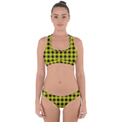 Yellow Black Buffalo Plaid Cross Back Hipster Bikini Set by SpinnyChairDesigns