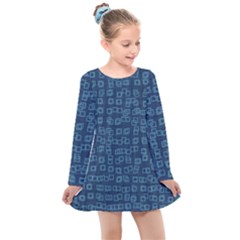 Blue Abstract Checks Pattern Kids  Long Sleeve Dress by SpinnyChairDesigns