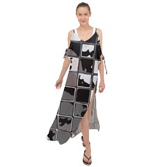 Black And White Checkered Grunge Pattern Maxi Chiffon Cover Up Dress by SpinnyChairDesigns