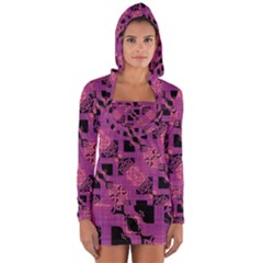 Fuchsia Black Abstract Checkered Stripes  Long Sleeve Hooded T-shirt by SpinnyChairDesigns