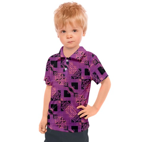 Fuchsia Black Abstract Checkered Stripes  Kids  Polo Tee by SpinnyChairDesigns