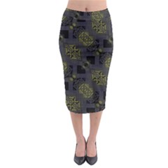 Grey Green Black Abstract Checkered Stripes Midi Pencil Skirt by SpinnyChairDesigns
