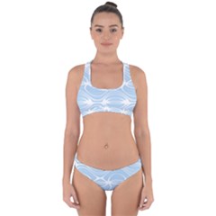 Blue And White Clam Shell Stripes Cross Back Hipster Bikini Set by SpinnyChairDesigns