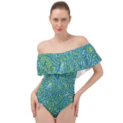 Abstract Blue Green Jungle Paisley Off Shoulder Velour Bodysuit  by SpinnyChairDesigns