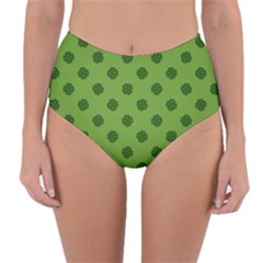 Green Four Leaf Clover Pattern Reversible High-waist Bikini Bottoms by SpinnyChairDesigns