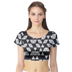 Black And White Triangles Pattern Short Sleeve Crop Top by SpinnyChairDesigns
