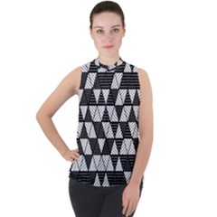 Black And White Triangles Pattern Mock Neck Chiffon Sleeveless Top by SpinnyChairDesigns