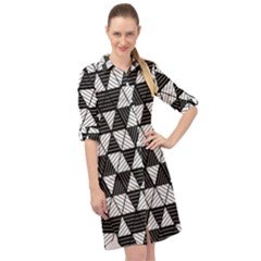 Black And White Triangles Pattern Long Sleeve Mini Shirt Dress by SpinnyChairDesigns