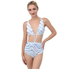 Faded Denim Blue Abstract Stripes On White Tied Up Two Piece Swimsuit by SpinnyChairDesigns