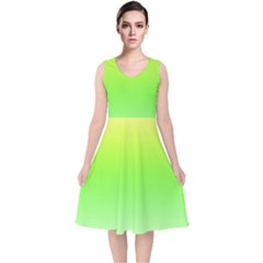 Lemon Yellow And Lime Green Gradient Ombre Color V-neck Midi Sleeveless Dress  by SpinnyChairDesigns