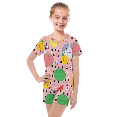 Cats And Fruits  Kids  Mesh Tee And Shorts Set by Sobalvarro