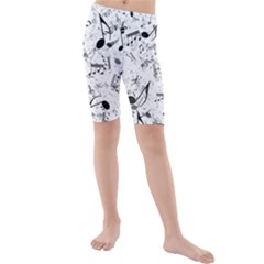 Black And White Music Notes Kids  Mid Length Swim Shorts by SpinnyChairDesigns