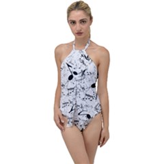 Black And White Music Notes Go With The Flow One Piece Swimsuit by SpinnyChairDesigns
