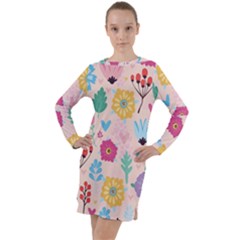 Tekstura-fon-tsvety-berries-flowers-pattern-seamless Long Sleeve Hoodie Dress by Sobalvarro
