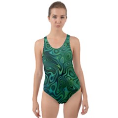 Emerald Green Blue Marbled Color Cut-out Back One Piece Swimsuit by SpinnyChairDesigns