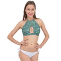 Green Color Polka Dots Pattern Cross Front Halter Bikini Top View1