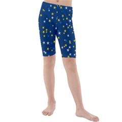 White Yellow Stars On Blue Color Kids  Mid Length Swim Shorts by SpinnyChairDesigns