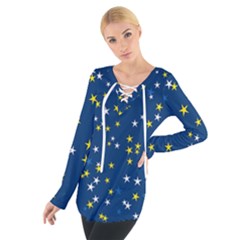 White Yellow Stars On Blue Color Tie Up Tee by SpinnyChairDesigns