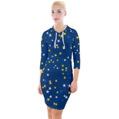 White Yellow Stars On Blue Color Quarter Sleeve Hood Bodycon Dress by SpinnyChairDesigns