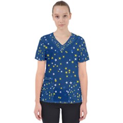 White Yellow Stars On Blue Color Women s V-neck Scrub Top by SpinnyChairDesigns