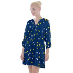 White Yellow Stars On Blue Color Open Neck Shift Dress by SpinnyChairDesigns