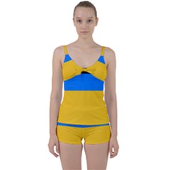 Bright Yellow With Blue Tie Front Two Piece Tankini by tmsartbazaar