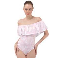 Ballet Pink White Color Butterflies Batik  Off Shoulder Velour Bodysuit  by SpinnyChairDesigns