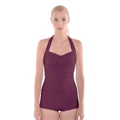True Burgundy Color Boyleg Halter Swimsuit  by SpinnyChairDesigns