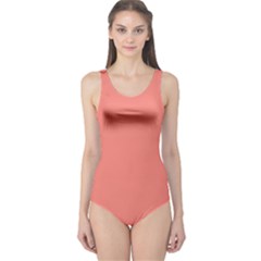 True Coral Pink Color One Piece Swimsuit by SpinnyChairDesigns